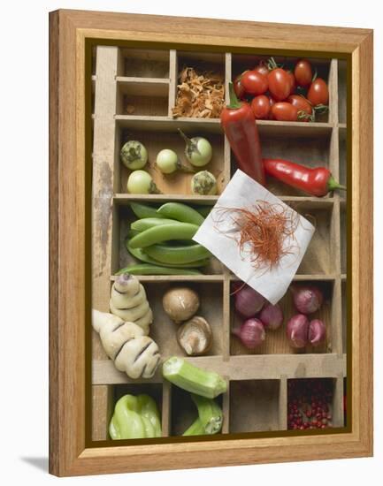 Various Types of Vegetables, Spices and Mushrooms in Type Case-null-Framed Premier Image Canvas