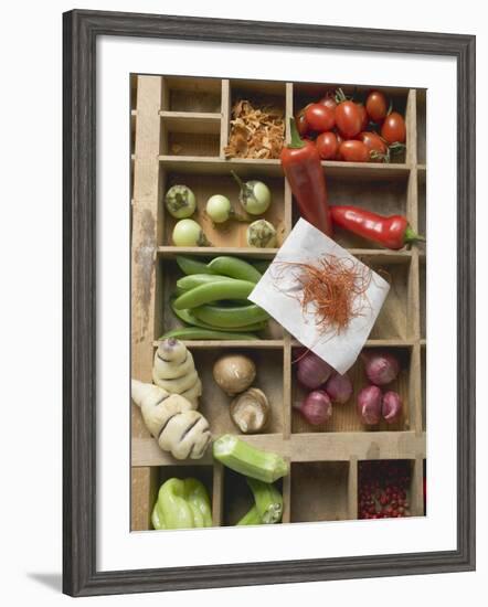 Various Types of Vegetables, Spices and Mushrooms in Type Case-null-Framed Photographic Print