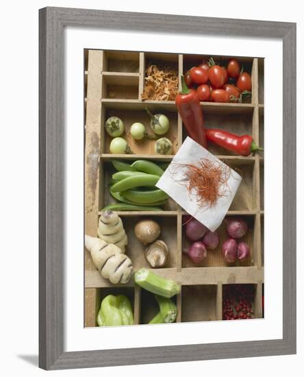 Various Types of Vegetables, Spices and Mushrooms in Type Case-null-Framed Photographic Print