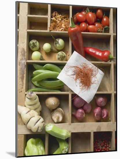 Various Types of Vegetables, Spices and Mushrooms in Type Case-null-Mounted Photographic Print