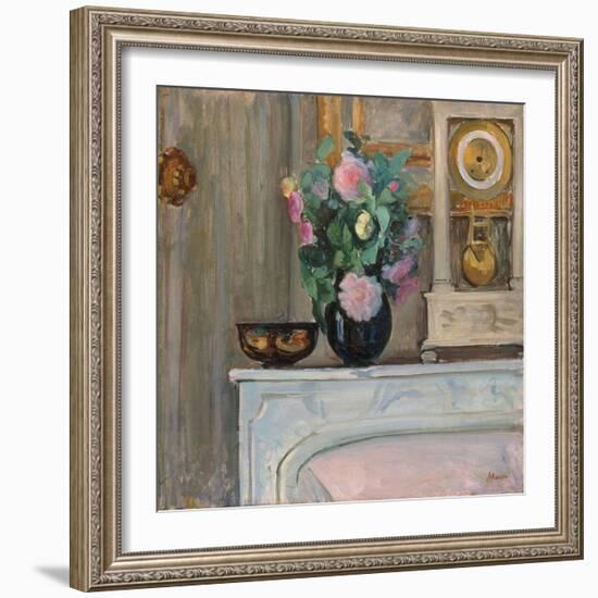 Vase of Flowers and a Clock on a Mantlepiece, C. 1920-Henri Lebasque-Framed Giclee Print