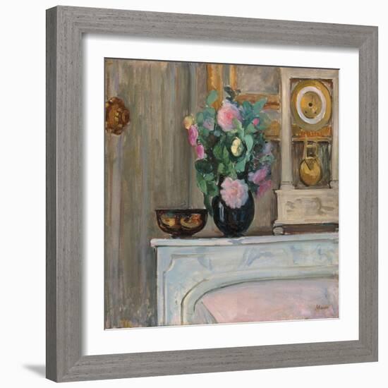 Vase of Flowers and a Clock on a Mantlepiece, C. 1920-Henri Lebasque-Framed Giclee Print