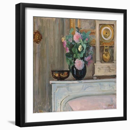 Vase of Flowers and a Clock on a Mantlepiece, C. 1920-Henri Lebasque-Framed Giclee Print