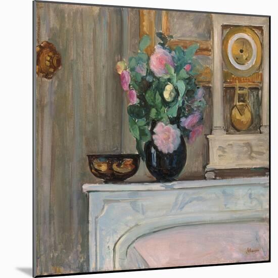 Vase of Flowers and a Clock on a Mantlepiece, C. 1920-Henri Lebasque-Mounted Giclee Print