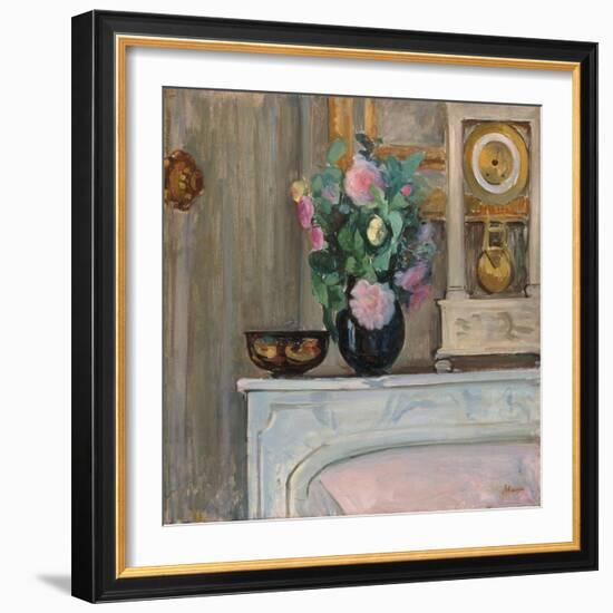 Vase of Flowers and a Clock on a Mantlepiece, C. 1920-Henri Lebasque-Framed Giclee Print