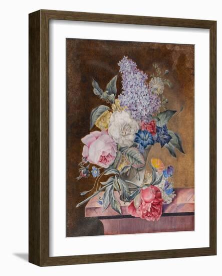 Vase of Flowers Including a Rose and Lilac on a Marble Ledge, 1841 (W/C and Bodycolour on Vellum)-Lucy de Beaurepaire-Framed Giclee Print