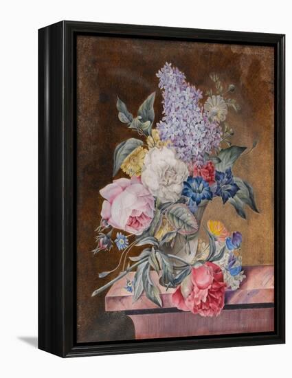 Vase of Flowers Including a Rose and Lilac on a Marble Ledge, 1841 (W/C and Bodycolour on Vellum)-Lucy de Beaurepaire-Framed Premier Image Canvas