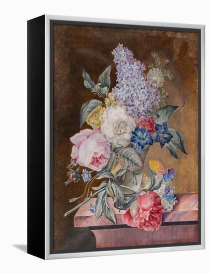 Vase of Flowers Including a Rose and Lilac on a Marble Ledge, 1841 (W/C and Bodycolour on Vellum)-Lucy de Beaurepaire-Framed Premier Image Canvas