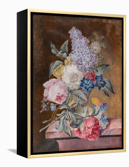 Vase of Flowers Including a Rose and Lilac on a Marble Ledge, 1841 (W/C and Bodycolour on Vellum)-Lucy de Beaurepaire-Framed Premier Image Canvas