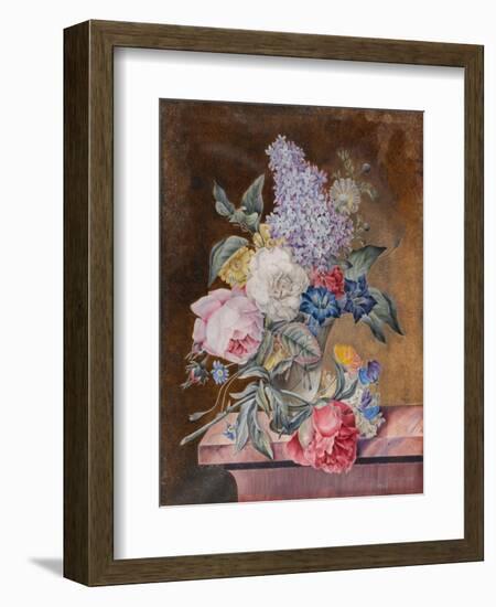 Vase of Flowers Including a Rose and Lilac on a Marble Ledge, 1841 (W/C and Bodycolour on Vellum)-Lucy de Beaurepaire-Framed Giclee Print