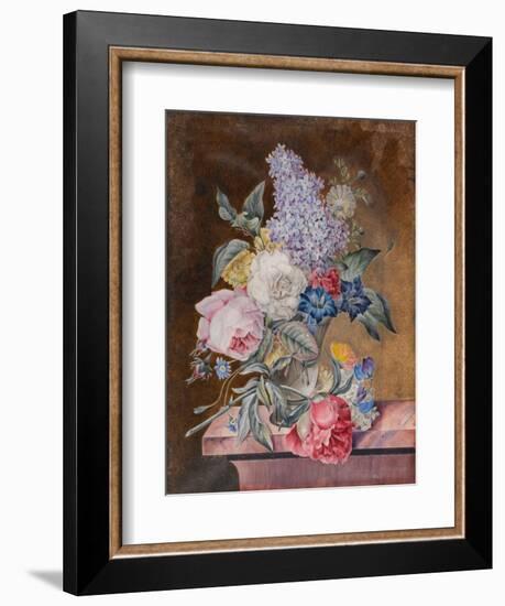 Vase of Flowers Including a Rose and Lilac on a Marble Ledge, 1841 (W/C and Bodycolour on Vellum)-Lucy de Beaurepaire-Framed Giclee Print