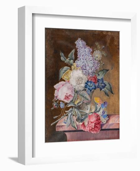 Vase of Flowers Including a Rose and Lilac on a Marble Ledge, 1841 (W/C and Bodycolour on Vellum)-Lucy de Beaurepaire-Framed Giclee Print