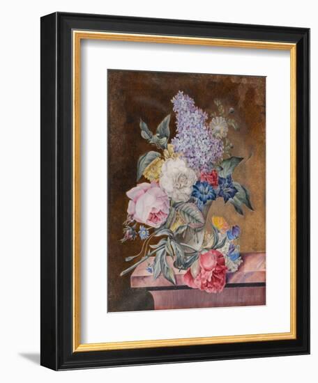 Vase of Flowers Including a Rose and Lilac on a Marble Ledge, 1841 (W/C and Bodycolour on Vellum)-Lucy de Beaurepaire-Framed Giclee Print