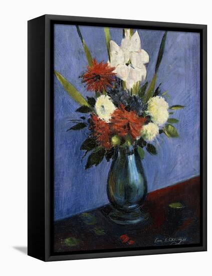 Vase of Flowers with Gladiola and Dahlias; Blumenvase Mit Gladiolen Und Dahlien-Oskar Schlemmer-Framed Premier Image Canvas