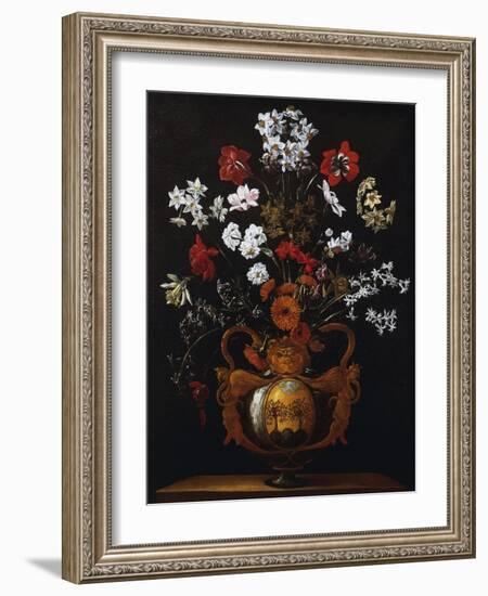 Vase of Flowers with the Coat of Arms of Cardinal Poli-Giacomo Recco-Framed Giclee Print