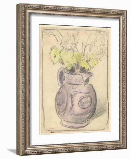 Vase of Flowers: Yellow Chrysanthemums in a Lustre Jug (Black & Coloured Chalks on Paper)-William Nicholson-Framed Giclee Print