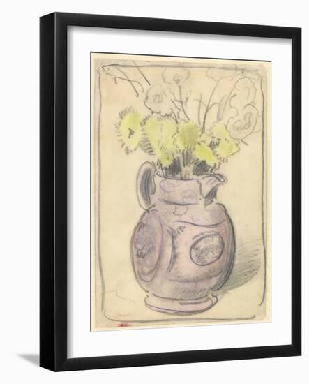Vase of Flowers: Yellow Chrysanthemums in a Lustre Jug (Black & Coloured Chalks on Paper)-William Nicholson-Framed Giclee Print