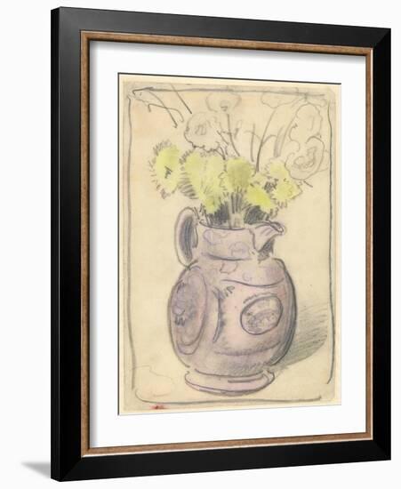 Vase of Flowers: Yellow Chrysanthemums in a Lustre Jug (Black & Coloured Chalks on Paper)-William Nicholson-Framed Giclee Print