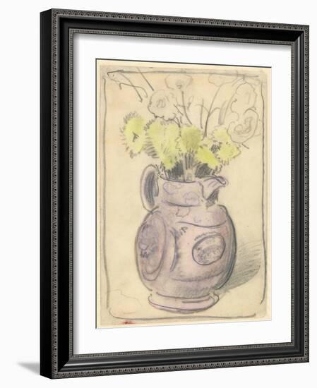 Vase of Flowers: Yellow Chrysanthemums in a Lustre Jug (Black & Coloured Chalks on Paper)-William Nicholson-Framed Giclee Print