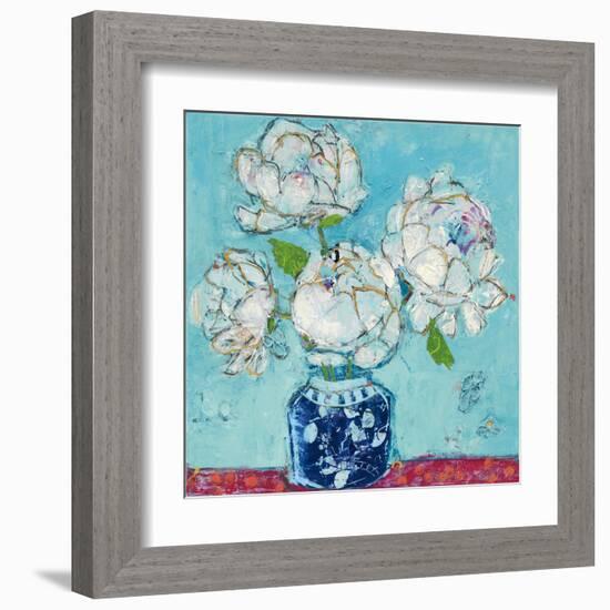 Vase of Peonies Aqua-Kellie Day-Framed Art Print