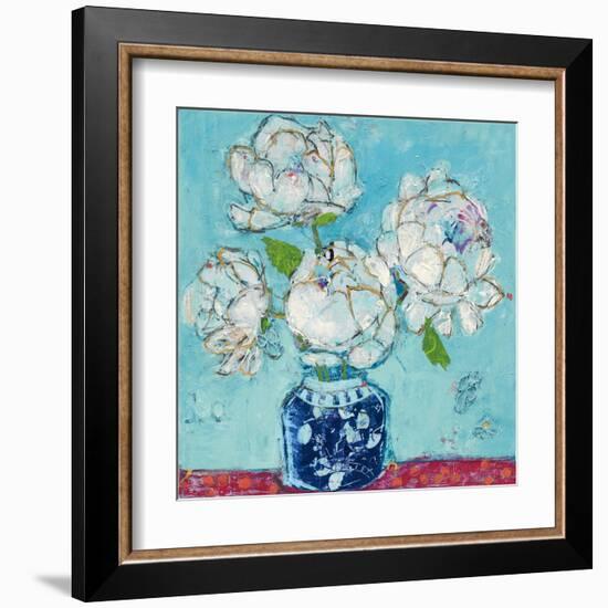 Vase of Peonies Aqua-Kellie Day-Framed Art Print