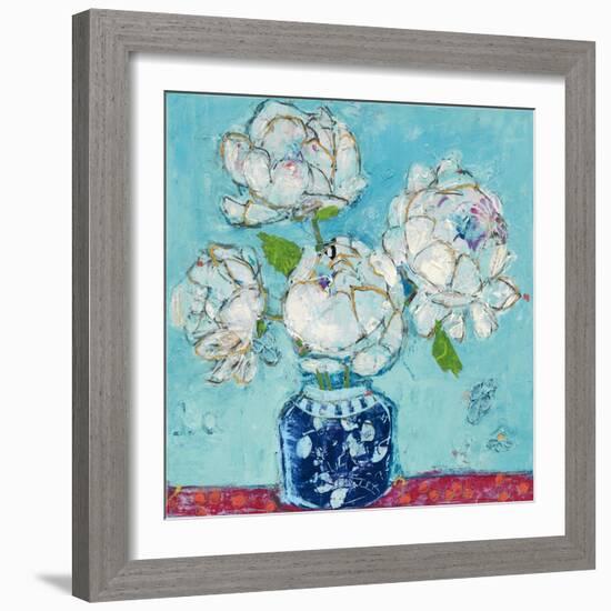 Vase of Peonies Aqua-Kellie Day-Framed Art Print