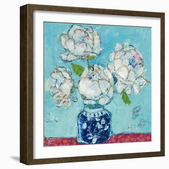 Vase of Peonies Aqua-Kellie Day-Framed Art Print