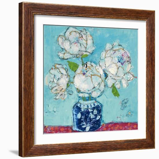 Vase of Peonies Aqua-Kellie Day-Framed Art Print