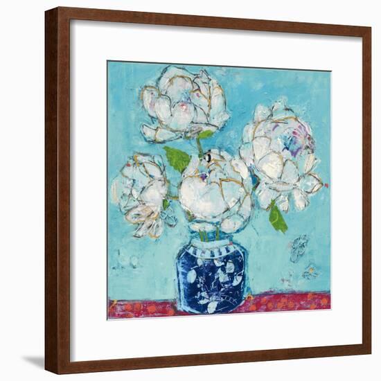 Vase of Peonies Aqua-Kellie Day-Framed Art Print