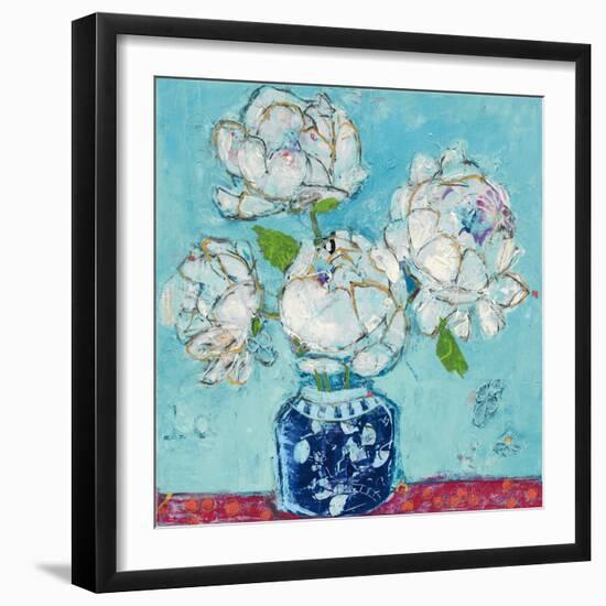 Vase of Peonies Aqua-Kellie Day-Framed Art Print