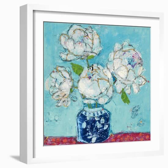 Vase of Peonies Aqua-Kellie Day-Framed Art Print