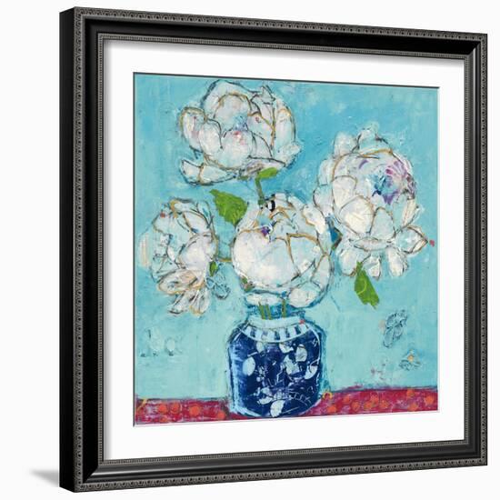 Vase of Peonies Aqua-Kellie Day-Framed Art Print