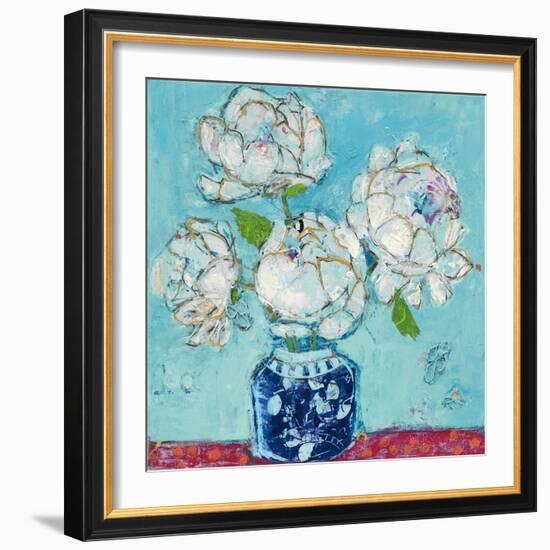 Vase of Peonies Aqua-Kellie Day-Framed Art Print