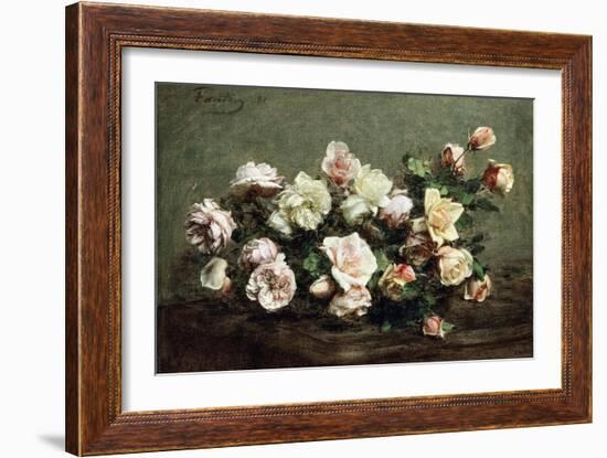 Vase of White Roses on a Table; Vase De Roses Blanches Et Roses Sur La Table-Ignace Henri Jean Fantin-Latour-Framed Giclee Print