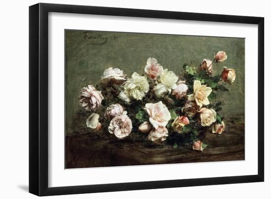 Vase of White Roses on a Table; Vase De Roses Blanches Et Roses Sur La Table-Ignace Henri Jean Fantin-Latour-Framed Giclee Print