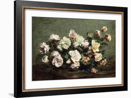 Vase of White Roses on a Table; Vase De Roses Blanches Et Roses Sur La Table-Ignace Henri Jean Fantin-Latour-Framed Giclee Print