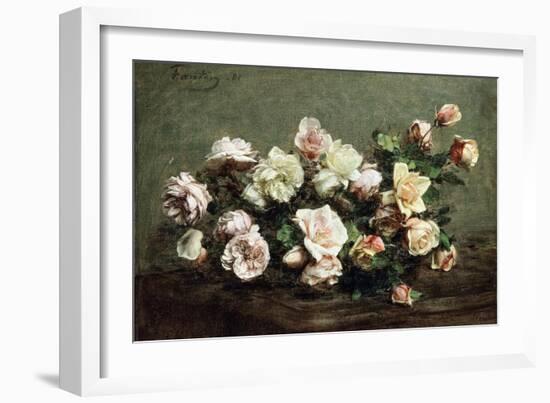 Vase of White Roses on a Table; Vase De Roses Blanches Et Roses Sur La Table-Ignace Henri Jean Fantin-Latour-Framed Giclee Print