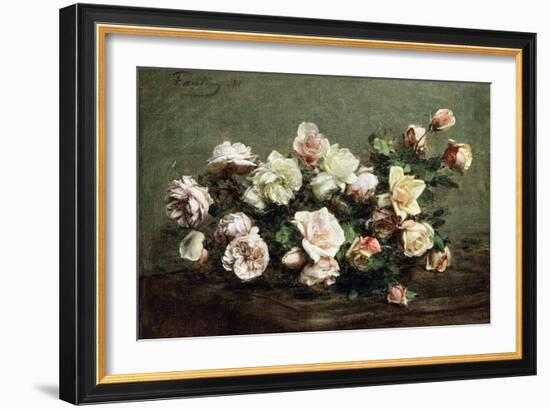 Vase of White Roses on a Table; Vase De Roses Blanches Et Roses Sur La Table-Ignace Henri Jean Fantin-Latour-Framed Giclee Print