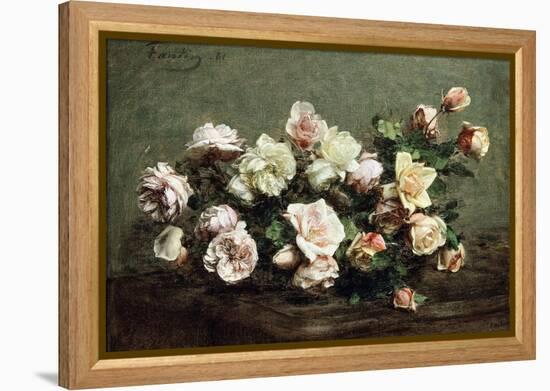 Vase of White Roses on a Table; Vase De Roses Blanches Et Roses Sur La Table-Ignace Henri Jean Fantin-Latour-Framed Premier Image Canvas