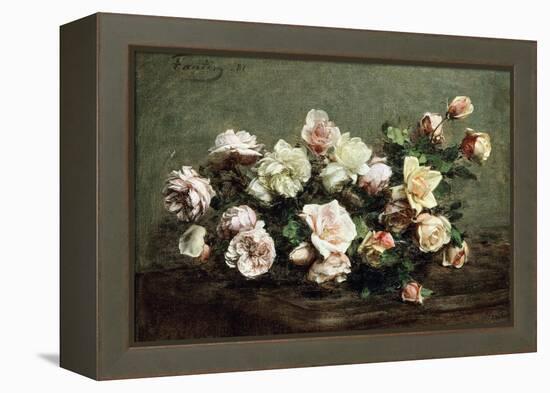 Vase of White Roses on a Table; Vase De Roses Blanches Et Roses Sur La Table-Ignace Henri Jean Fantin-Latour-Framed Premier Image Canvas