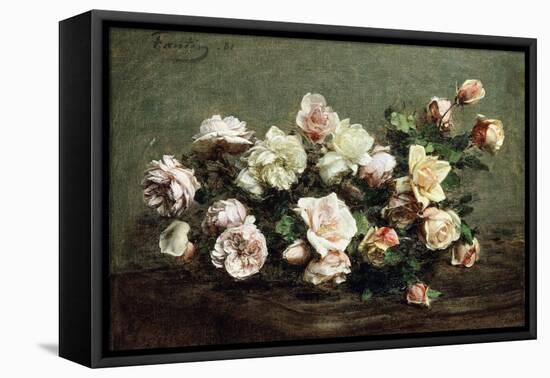 Vase of White Roses on a Table; Vase De Roses Blanches Et Roses Sur La Table-Ignace Henri Jean Fantin-Latour-Framed Premier Image Canvas