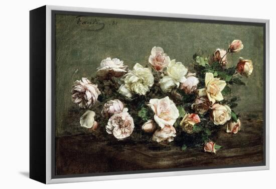 Vase of White Roses on a Table; Vase De Roses Blanches Et Roses Sur La Table-Ignace Henri Jean Fantin-Latour-Framed Premier Image Canvas