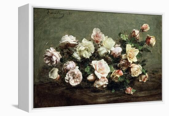 Vase of White Roses on a Table; Vase De Roses Blanches Et Roses Sur La Table-Ignace Henri Jean Fantin-Latour-Framed Premier Image Canvas