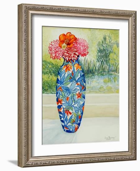 Vase with Dahlias and View of the Pond, 2001-Joan Thewsey-Framed Giclee Print