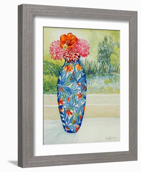 Vase with Dahlias and View of the Pond, 2001-Joan Thewsey-Framed Giclee Print