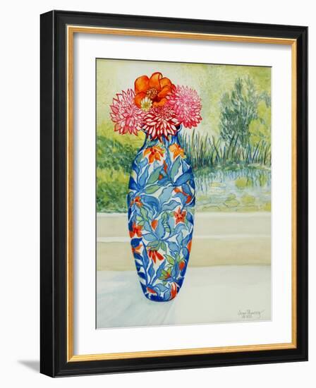 Vase with Dahlias and View of the Pond, 2001-Joan Thewsey-Framed Giclee Print