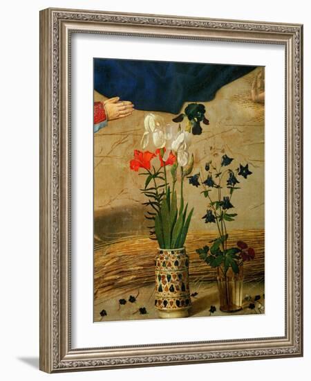 Vase with White, Red and Blue Lilies and Iris, Another with Seven Columbines-Hugo van der Goes-Framed Giclee Print