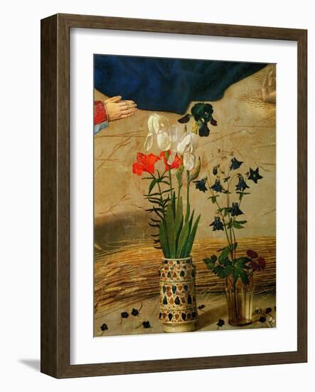 Vase with White, Red and Blue Lilies and Iris, Another with Seven Columbines-Hugo van der Goes-Framed Giclee Print