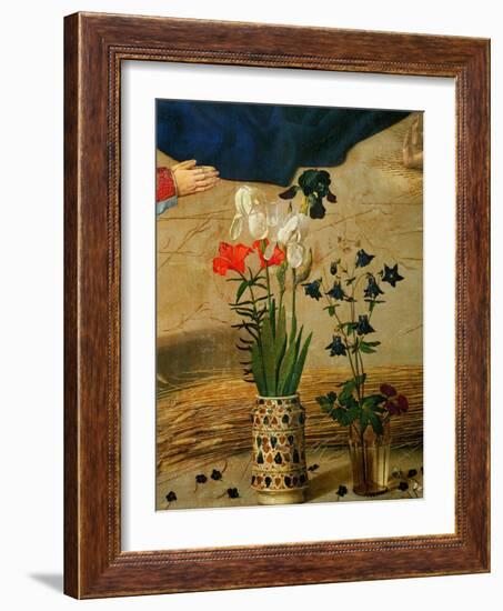 Vase with White, Red and Blue Lilies and Iris, Another with Seven Columbines-Hugo van der Goes-Framed Giclee Print