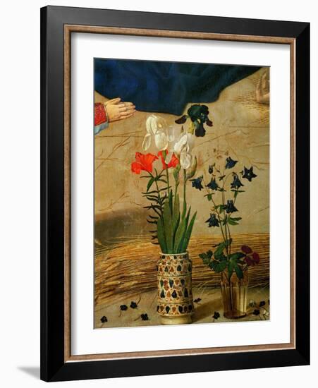 Vase with White, Red and Blue Lilies and Iris, Another with Seven Columbines-Hugo van der Goes-Framed Giclee Print